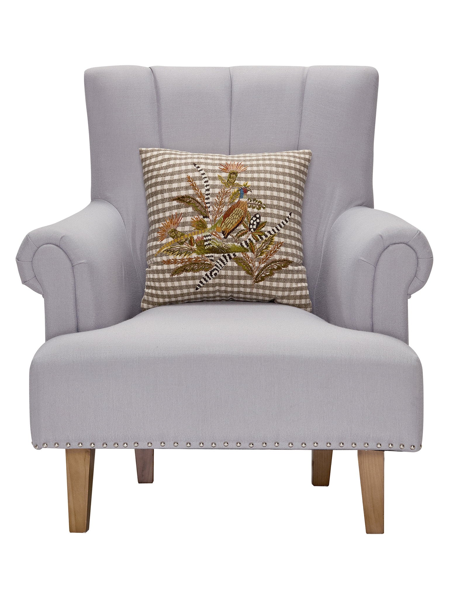 Harvest Pheasant Embroidered Fall Harvest Throw Pillow on an armchair, showing the throw pillow at room scale, 16x16 inch