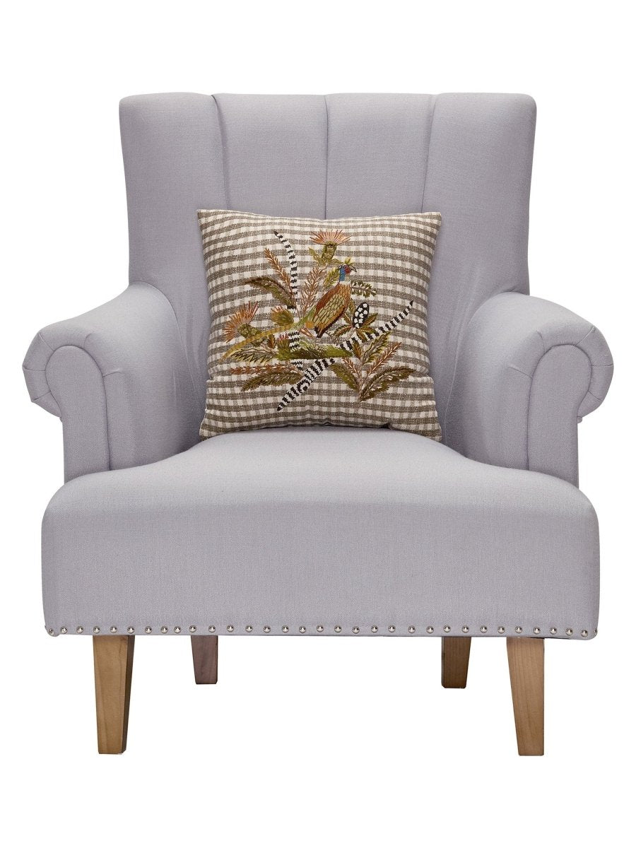 Harvest Pheasant Embroidered Fall Harvest Throw Pillow on an armchair, showing the throw pillow at room scale, 16x16 inch