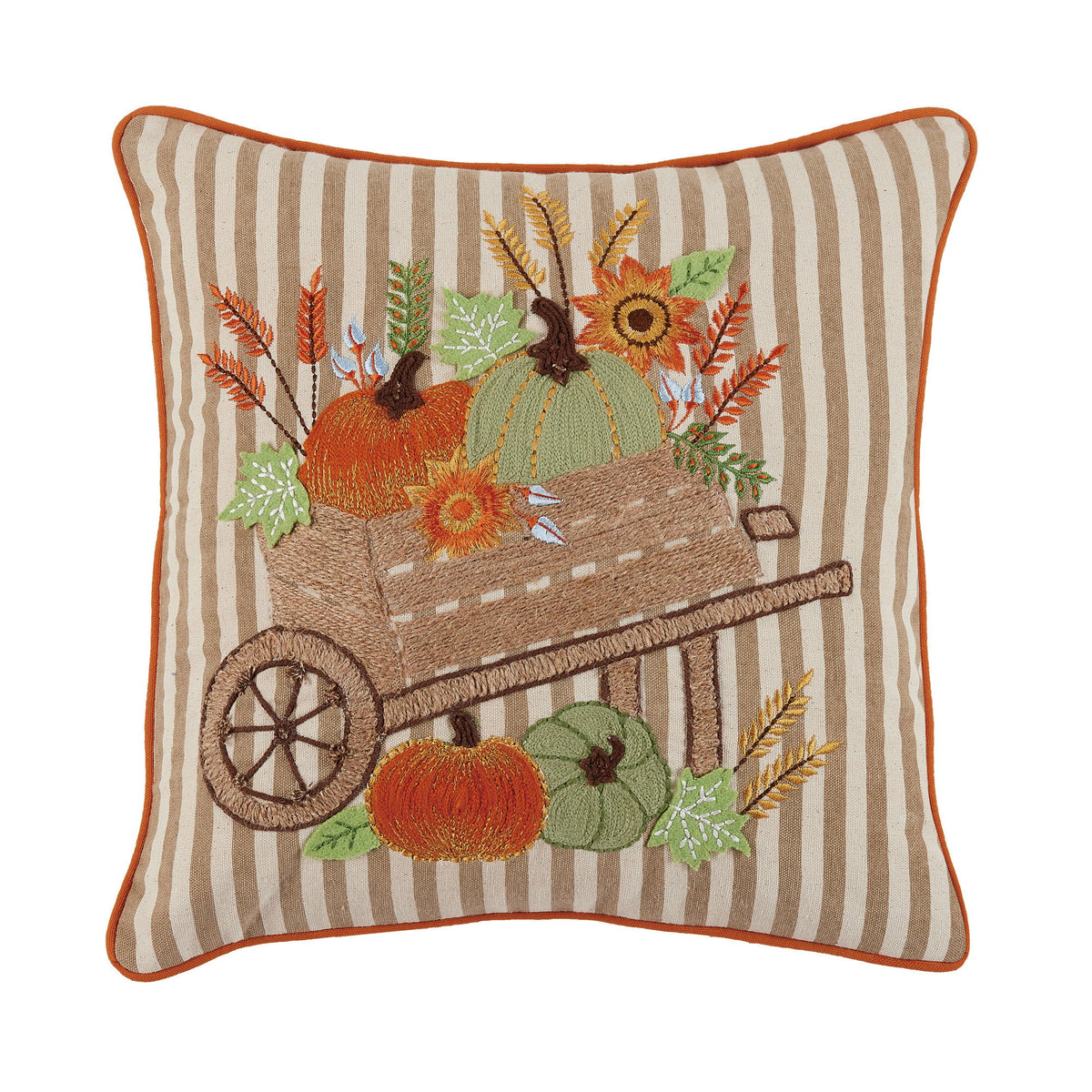 Harvest Pumpkin Cart Embroidered Fall Harvest Throw Pillow, 16x16 inch, front view
