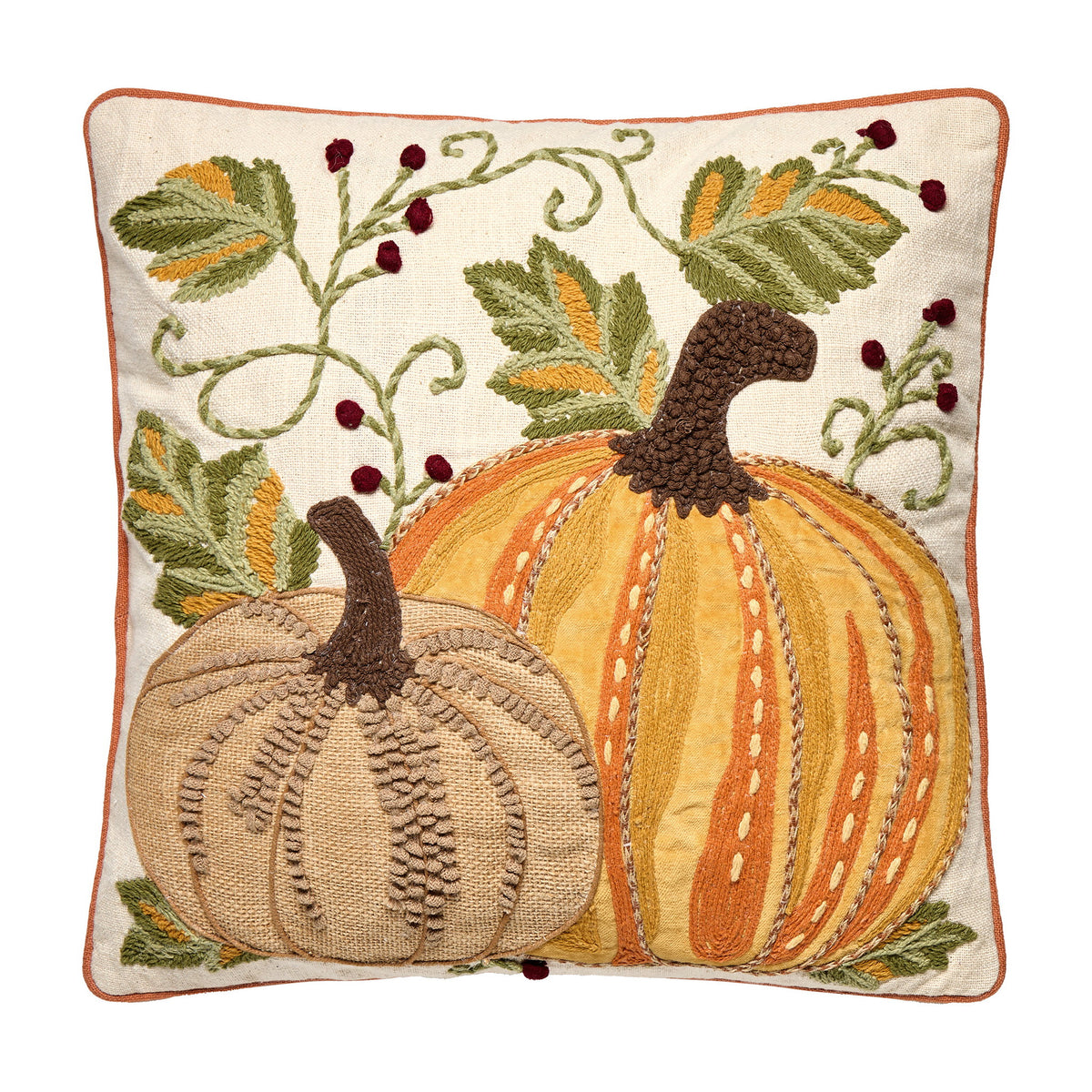 Harvest Pumpkin Duo Embroidered Fall Harvest Throw Pillow, 16x16 inch, front view