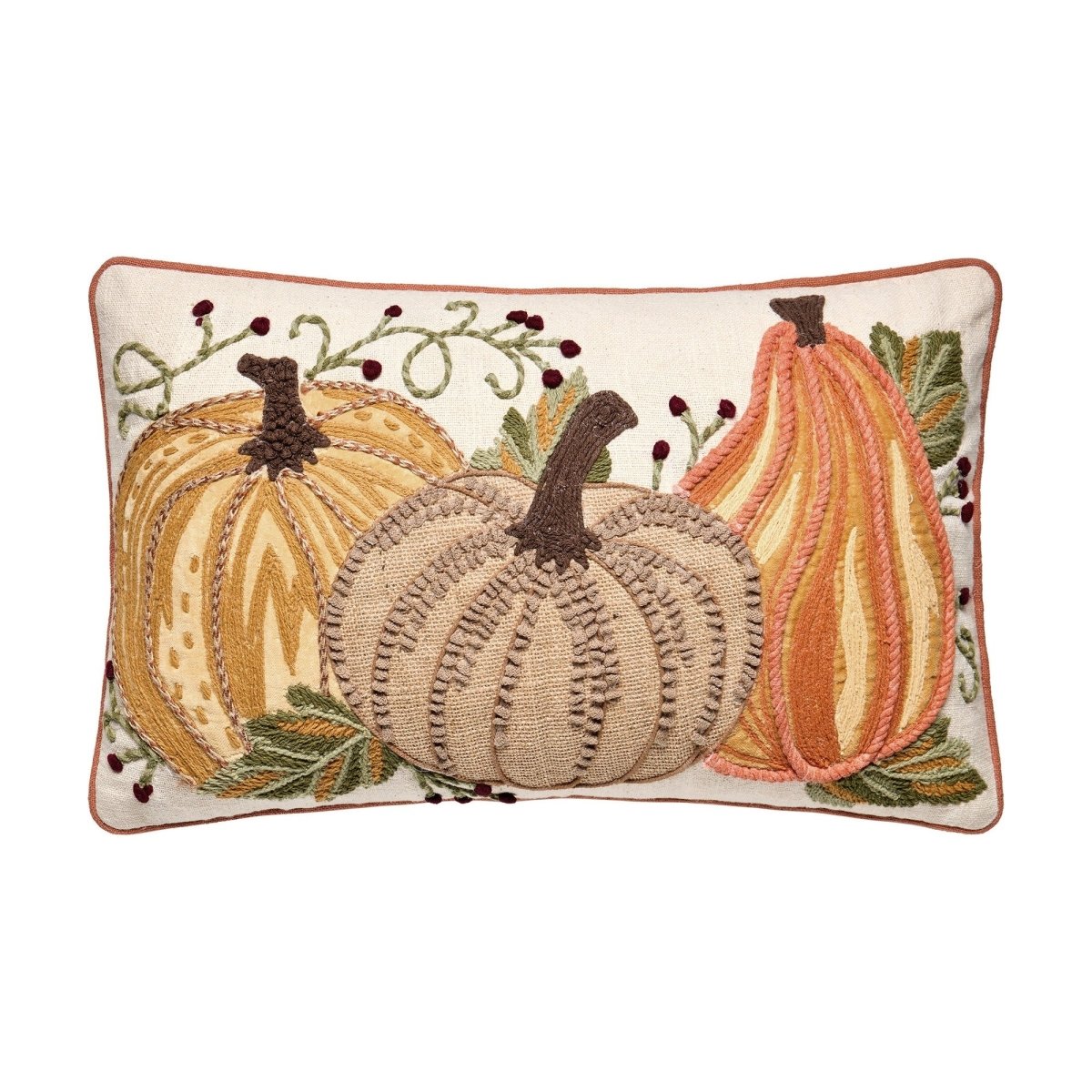 Harvest Pumpkin Trio Embroidered Fall Harvest Throw Pillow, 12x18 inch, front view