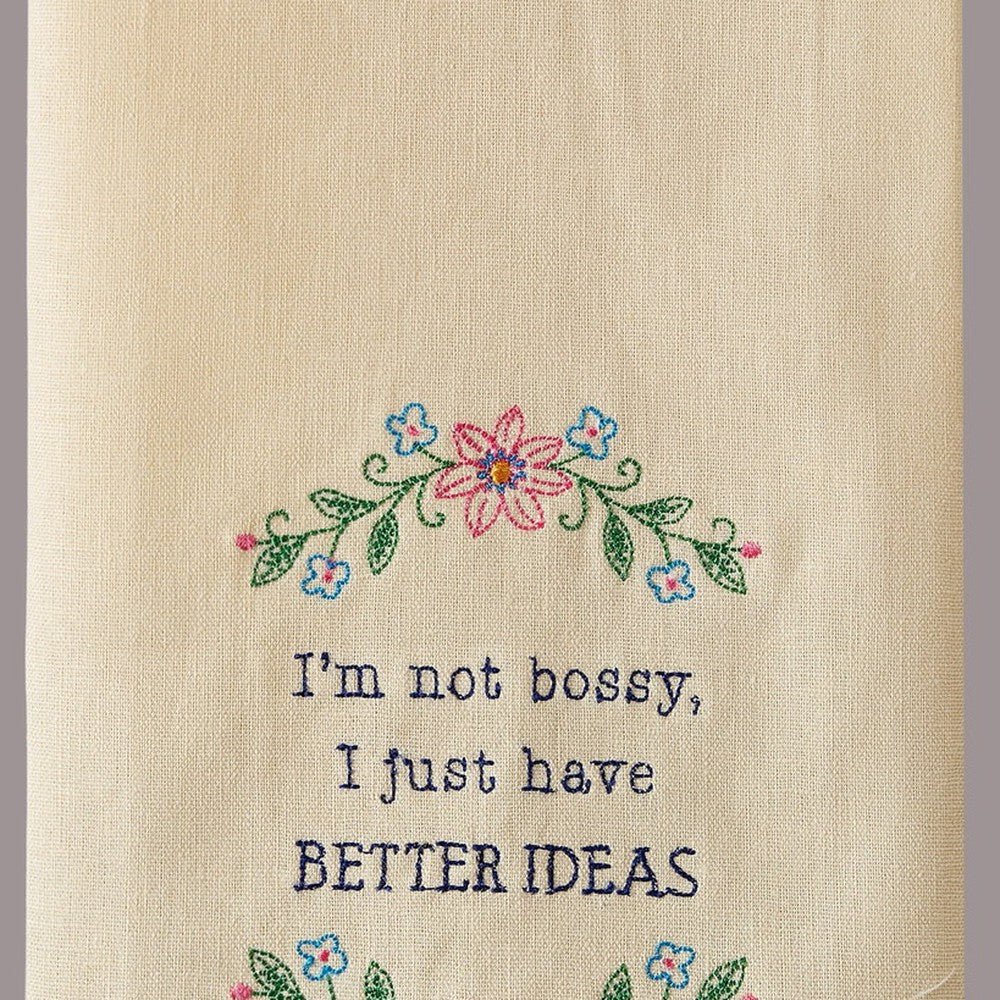 Closeup of Have Better Ideas Embroidered Kitchen Towel showing stitch texture and craftsmanship detail
