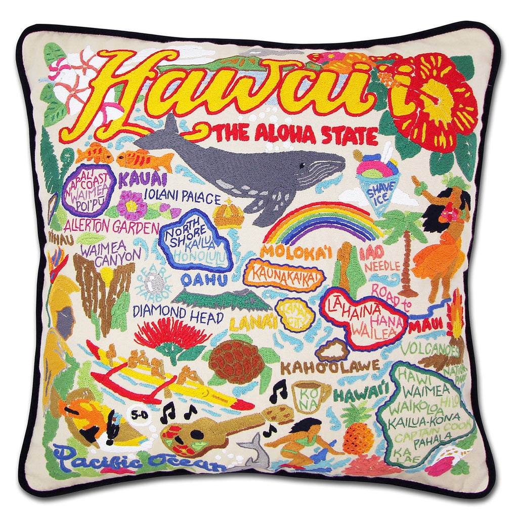 Hawaiian Islands Tropical embroidered throw pillow with island scenery.