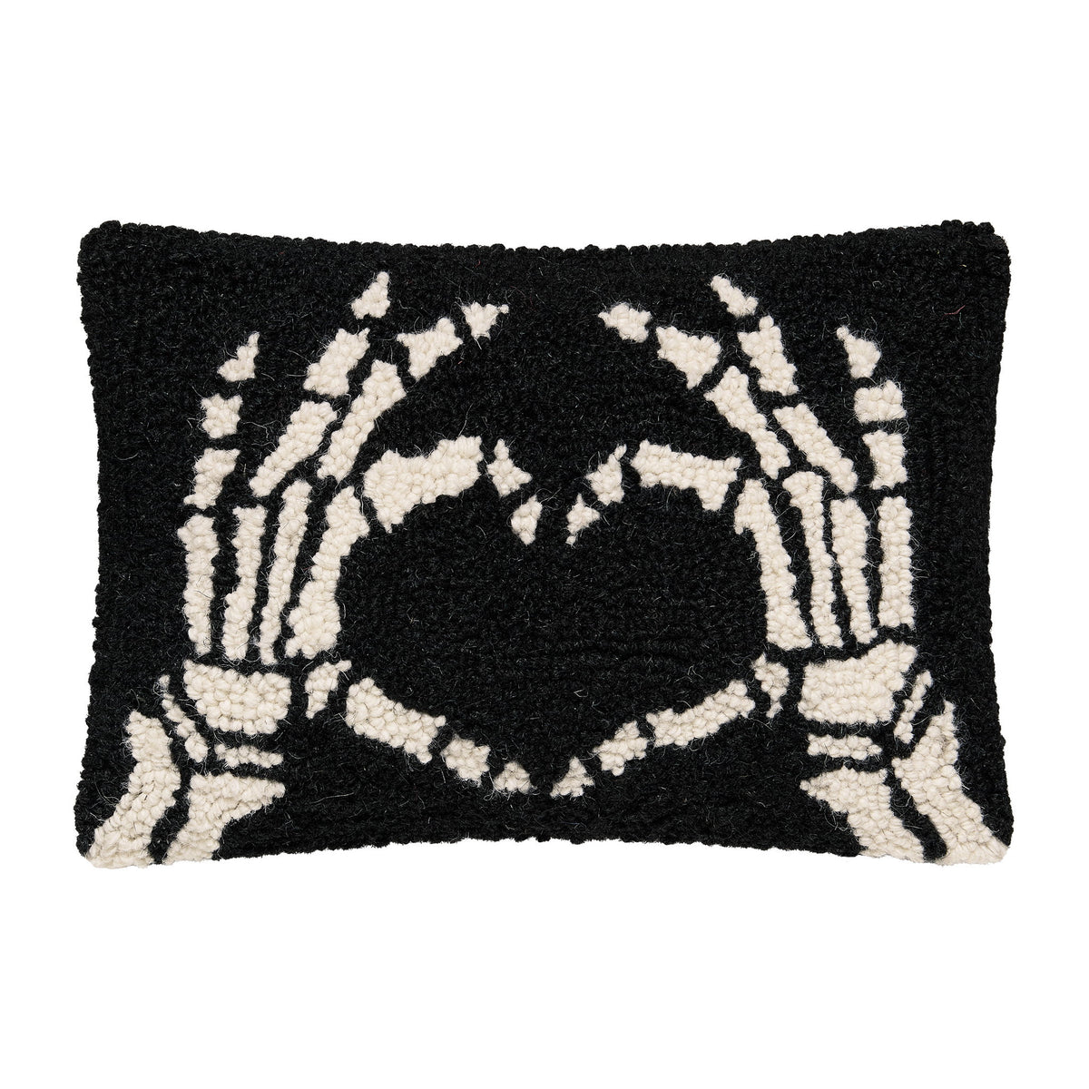 Heart Skeleton Hand Hooked Wool Halloween Throw Pillow, 8x12 inch, front view