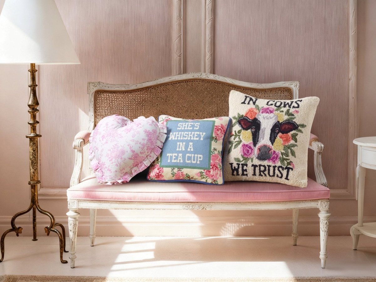 Heart Toile Printed Throw Pillow, 14x14 inch, four pillows lined up on a settee bench