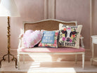 Heart Toile Printed Throw Pillow, 14x14 inch, four pillows lined up on a settee bench