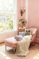 Heart Toile Printed Throw Pillow, 14x14 inch, pillows on a pink chaise in a pink room