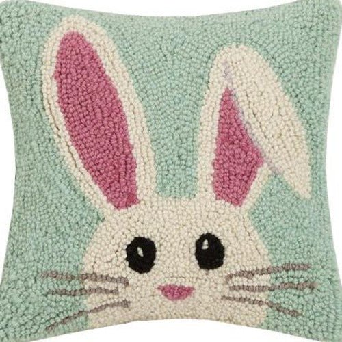 Hello Easter Bunny Hooked Wool Throw Pillow, close-up detail