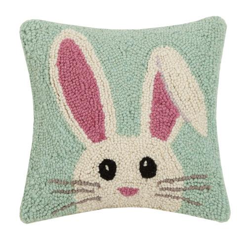 Hello Easter Bunny Hooked Wool Throw Pillow, 10x10 inch, front view