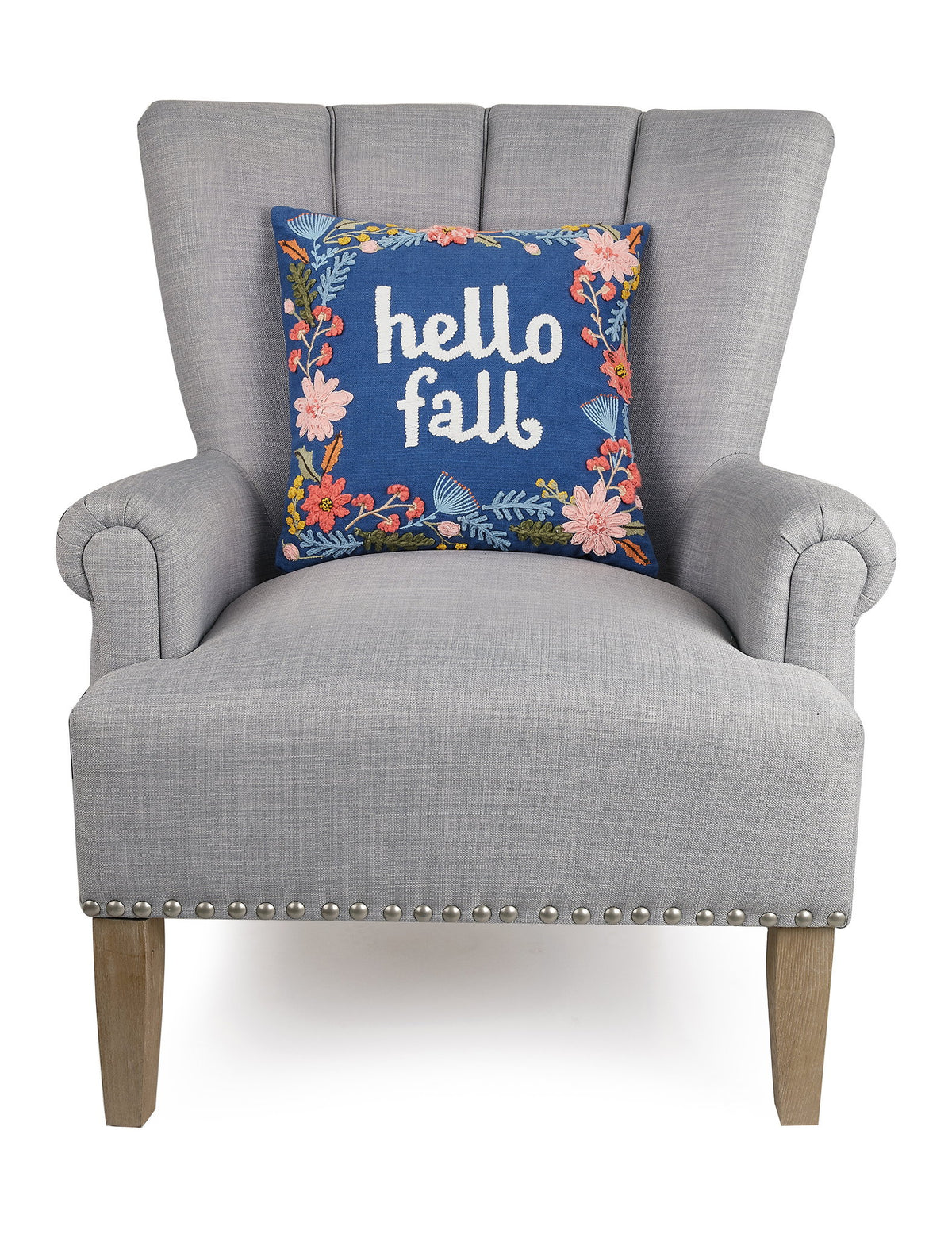 Hello Fall Embroidered Throw Pillow on an armchair, showing the throw pillow at room scale, 16x16 inch