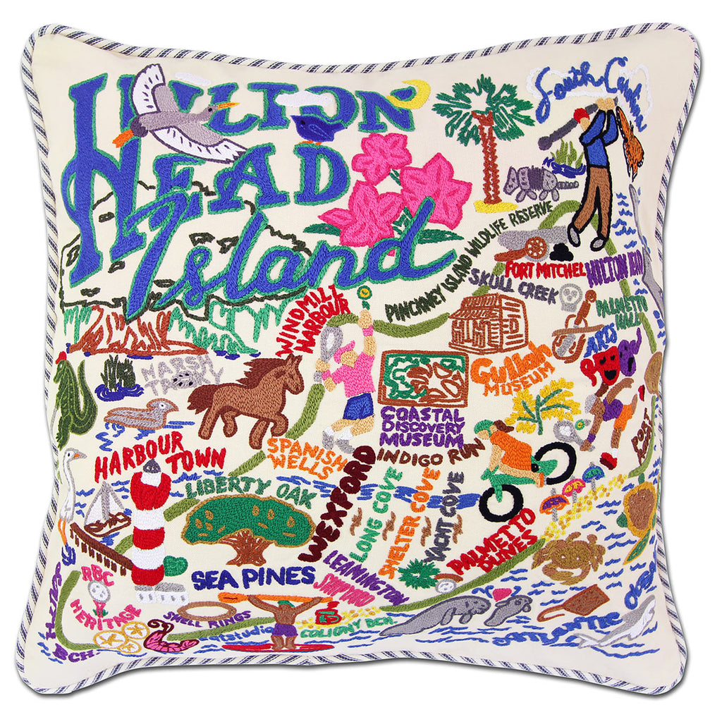 Hilton Head Island embroidered throw pillow with coastal imagery.
