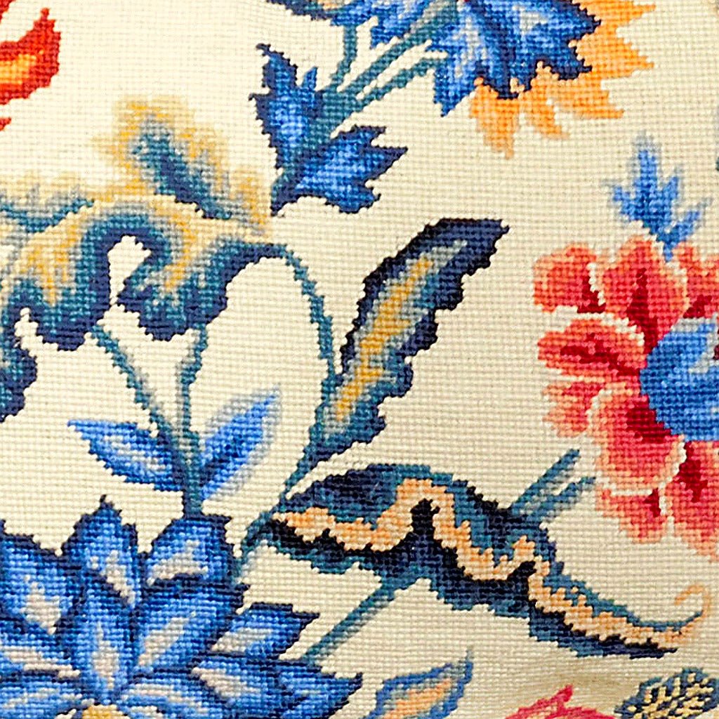 Hand-stitched wool detail of Historic Botanical Tapestry needlepoint pillow showing intricate weave pattern and texture