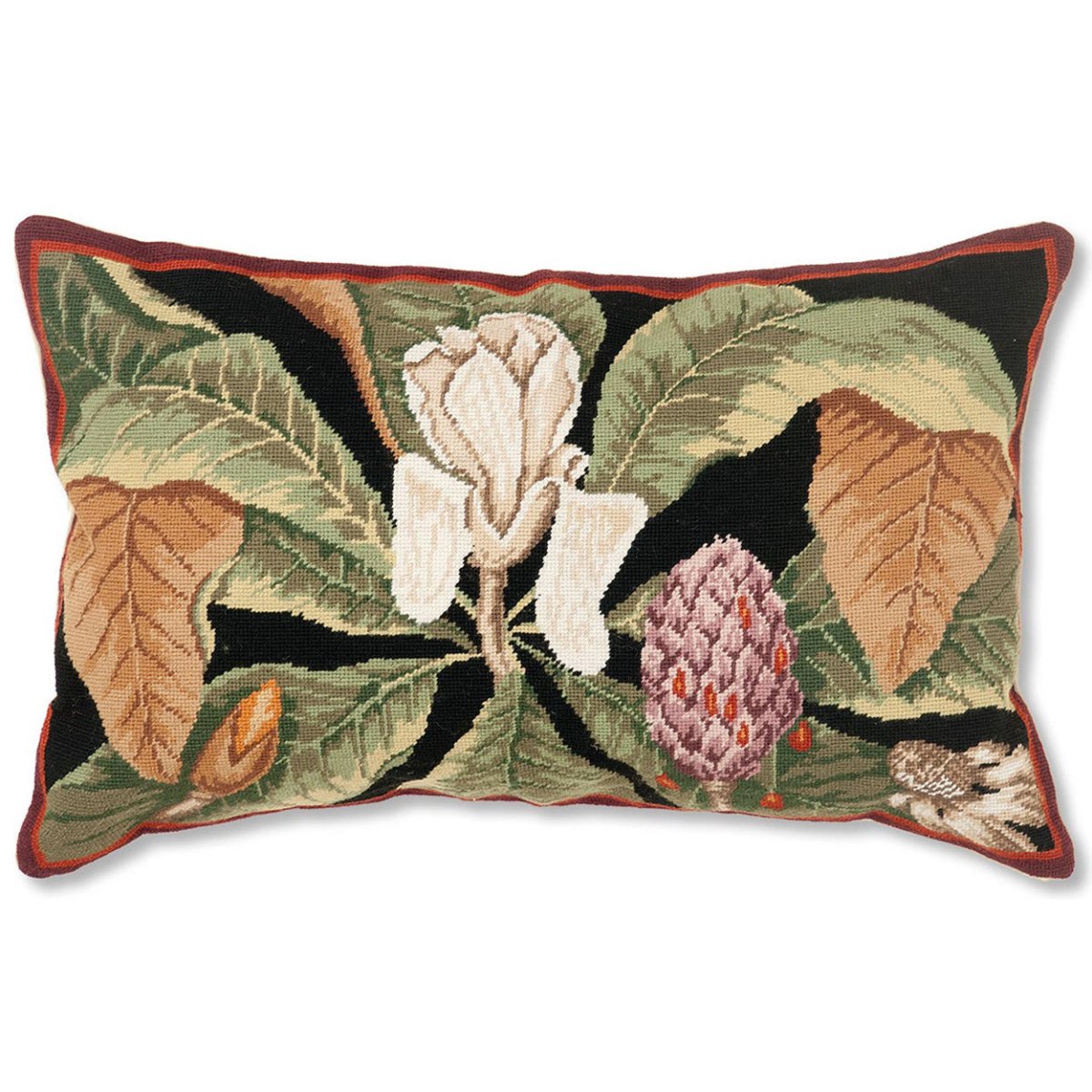 Historic Magnolia Handmade needlepoint throw pillow with botanical floral design