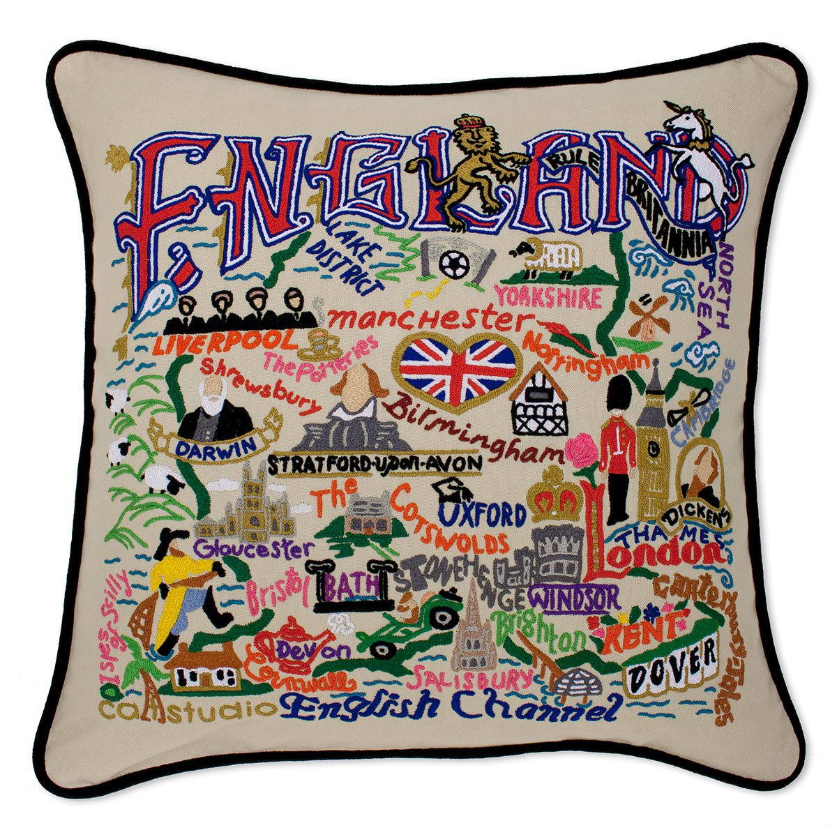 Historic Royal England hand-embroidered throw pillow showcasing iconic landmarks