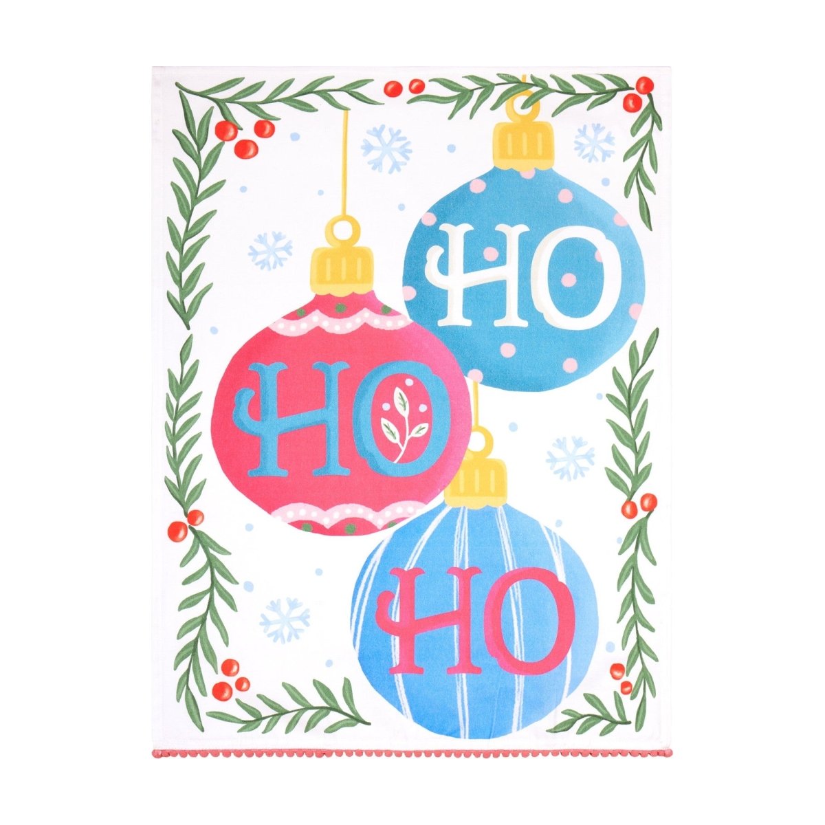 Ho Ho Ho with Pom Poms Christmas Kitchen Towel, 18x25 inch, front view