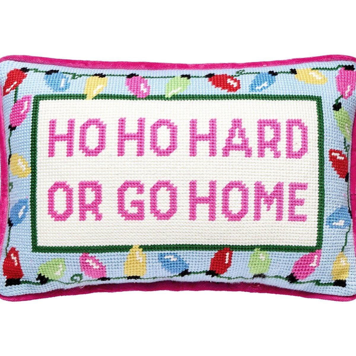 Hoho Hard Go Home Embroidered Needlepoint Christmas Throw Pillow, close-up detail