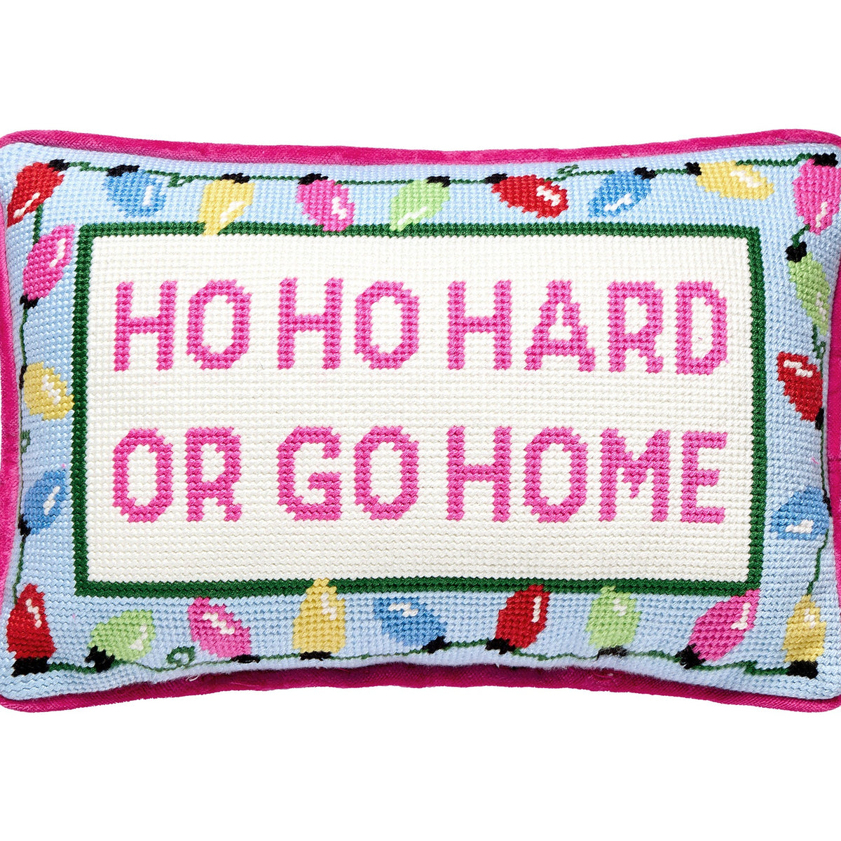 Hoho Hard Go Home Embroidered Needlepoint Christmas Throw Pillow, close-up detail