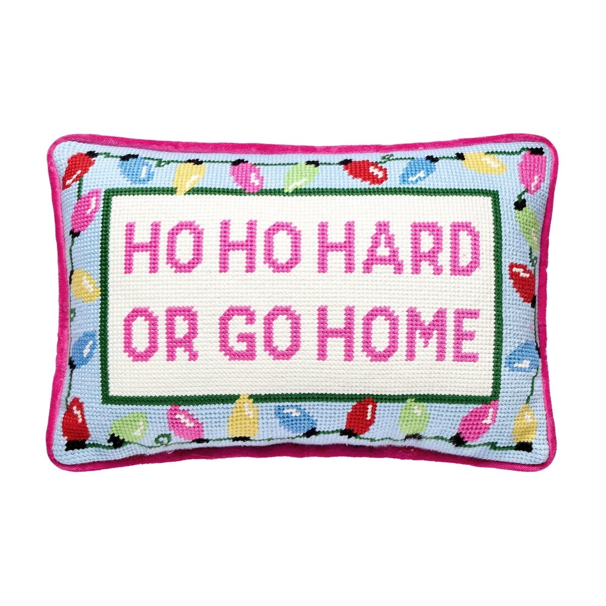 Hoho Hard Go Home Embroidered Needlepoint Christmas Throw Pillow, 8x12 inch, front view