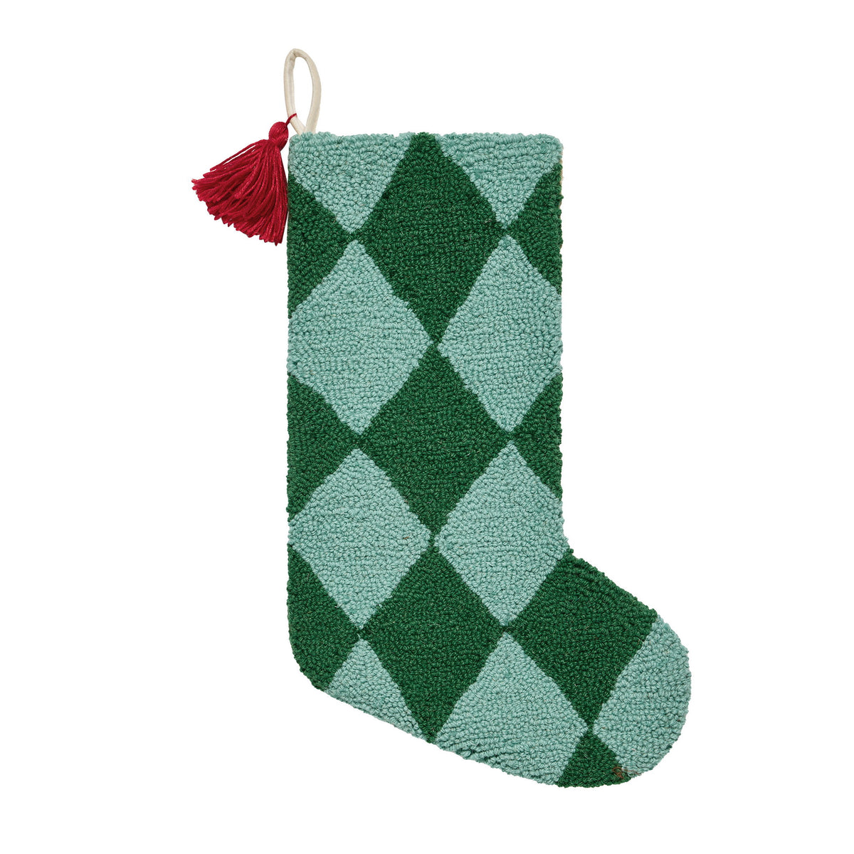 Holiday Argyle Green with Tassel Hooked Wool Christmas Stocking, 12x20 inch, front view