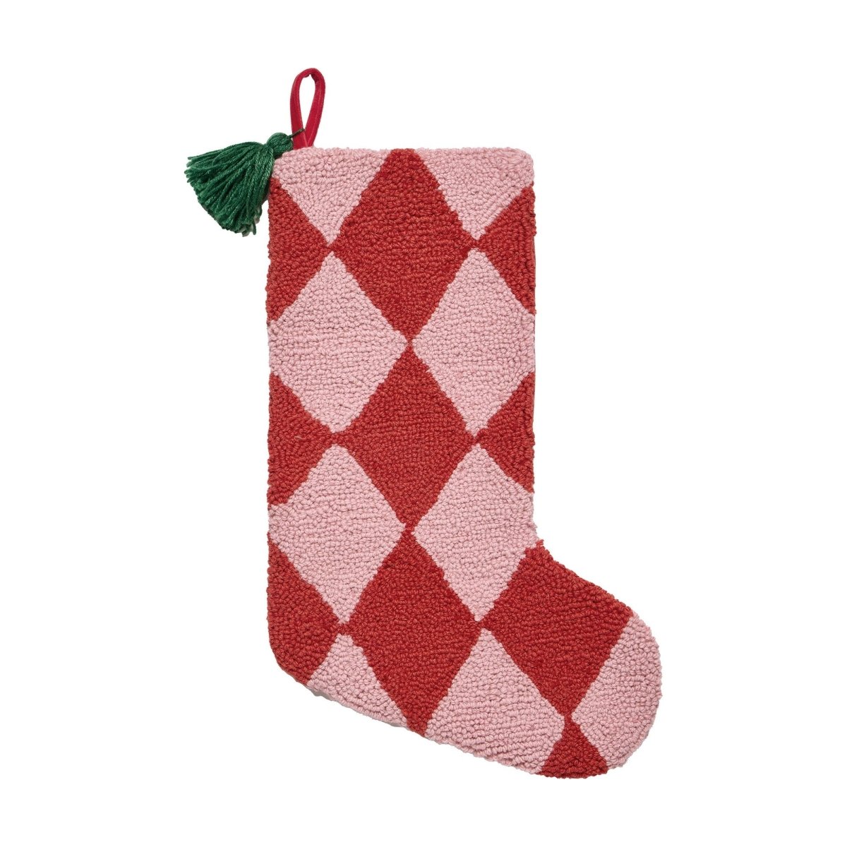 Holiday Argyle Red with Tassel Hooked Wool Christmas Stocking, 12x20 inch, front view
