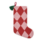 Holiday Argyle Red with Tassel Hooked Wool Christmas Stocking, 12x20 inch, front view