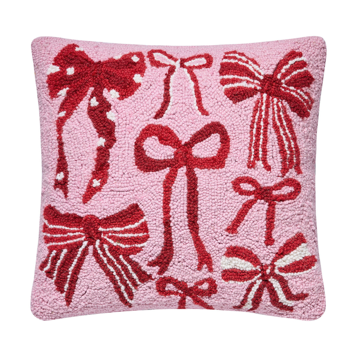 Holiday Bows Hooked Wool Christmas Throw Pillow, 16x16 inch, front view