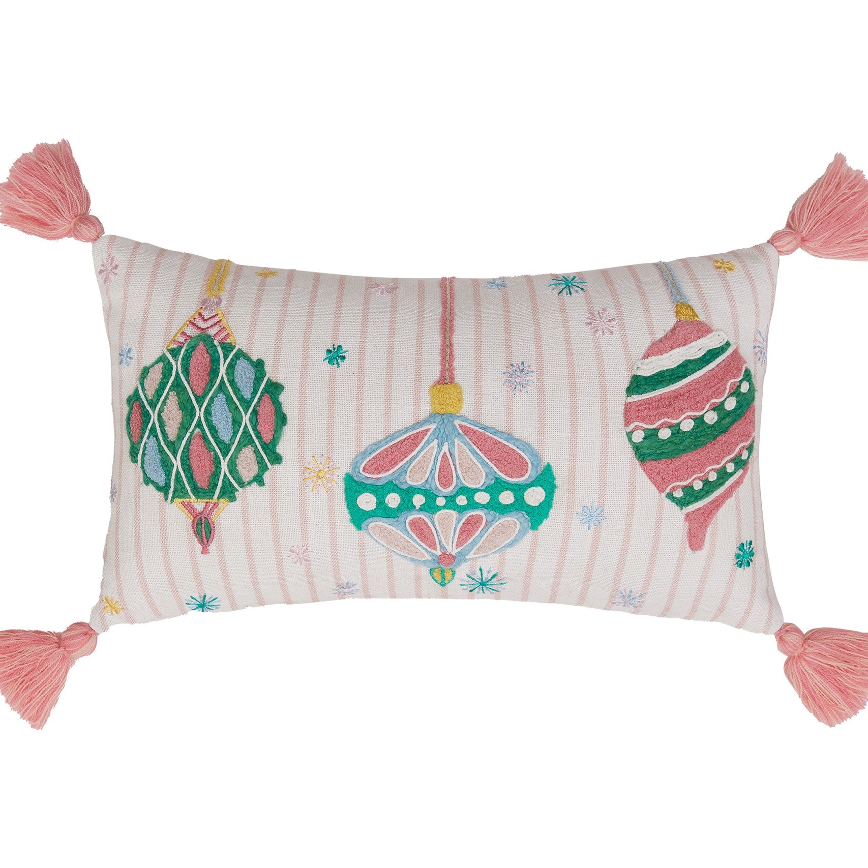 Holiday Bright's Ornaments with Tassels Embroidered Throw Pillow, close-up detail