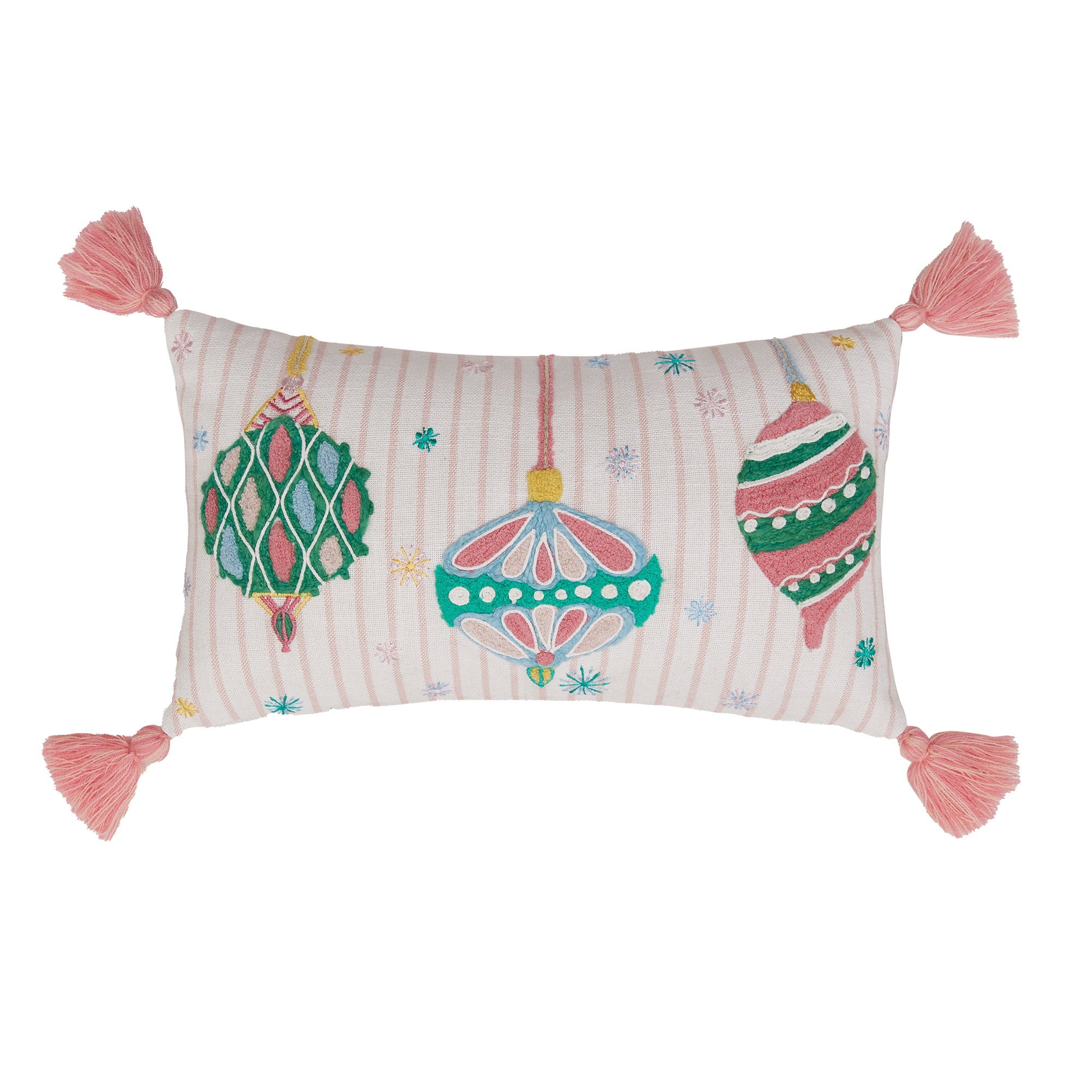 Holiday Bright's Ornaments with Tassels Embroidered Throw Pillow, 9x16 inch, front view