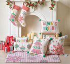 Holiday Bright's Snowflake Embroidered Christmas Stocking, 11x20 inch, hung at a fireplace with gifts and pillows
