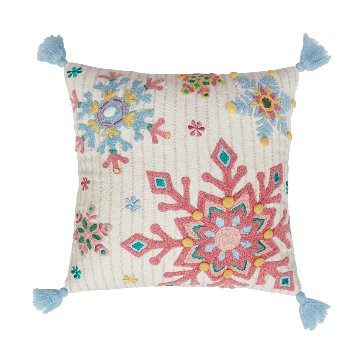 Holiday Bright's Snowflake with Tassels Embroidered Throw Pillow, 16x16 inch, front view
