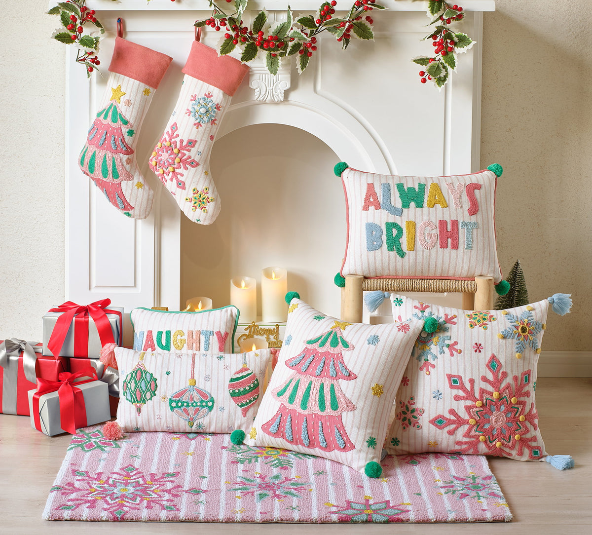 Holiday Bright's Tree Embroidered Christmas Stocking, 11x20 inch, hung at a fireplace with gifts and pillows