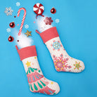 Holiday Bright's Tree Embroidered Christmas Stocking, 11x20 inch, tree and snowflake stockings on a blue backdrop