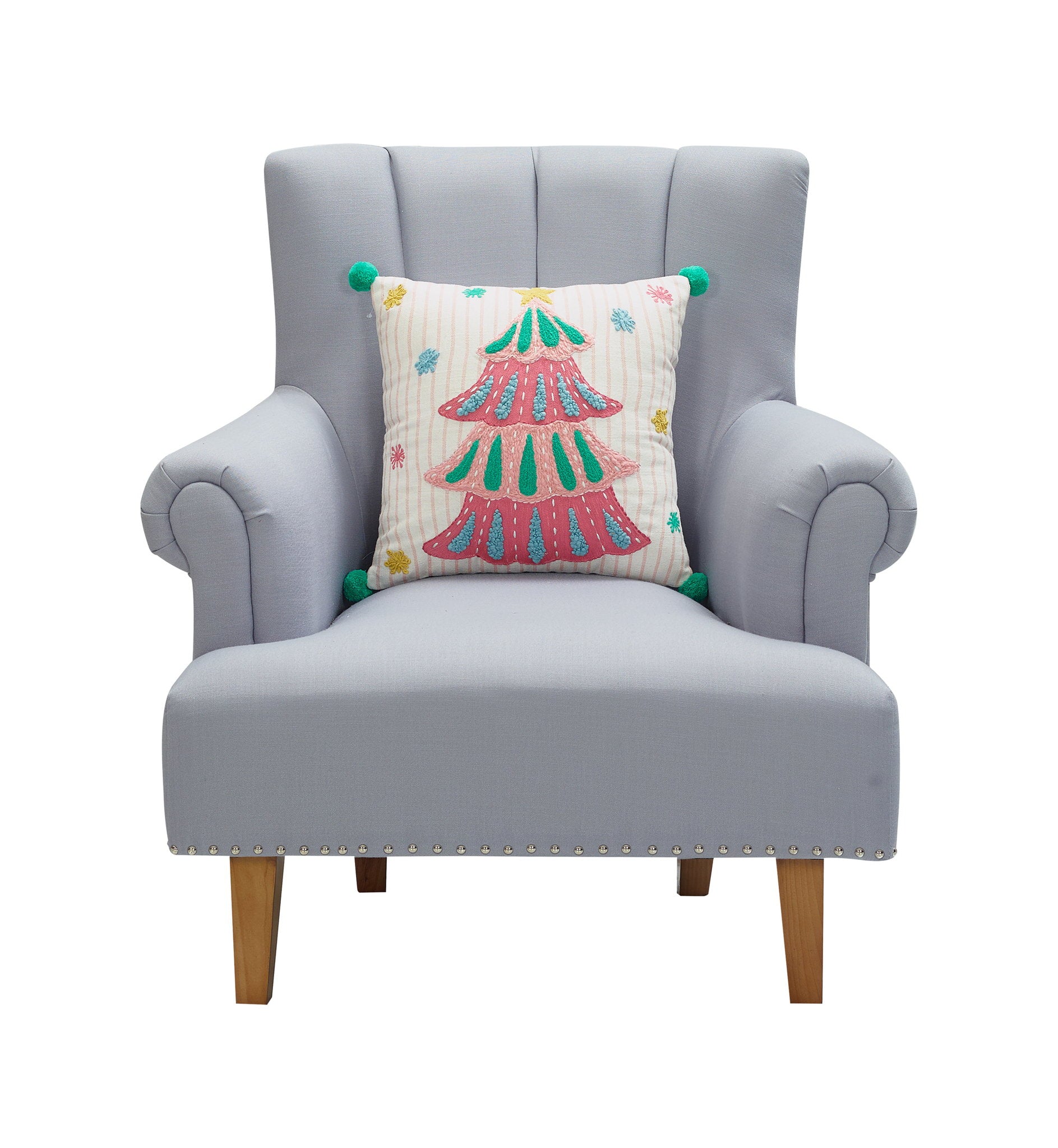 Holiday Bright's Tree with Pom Poms Embroidered Christmas Throw Pillow, 16x16 inch, tree design on a gray armchair