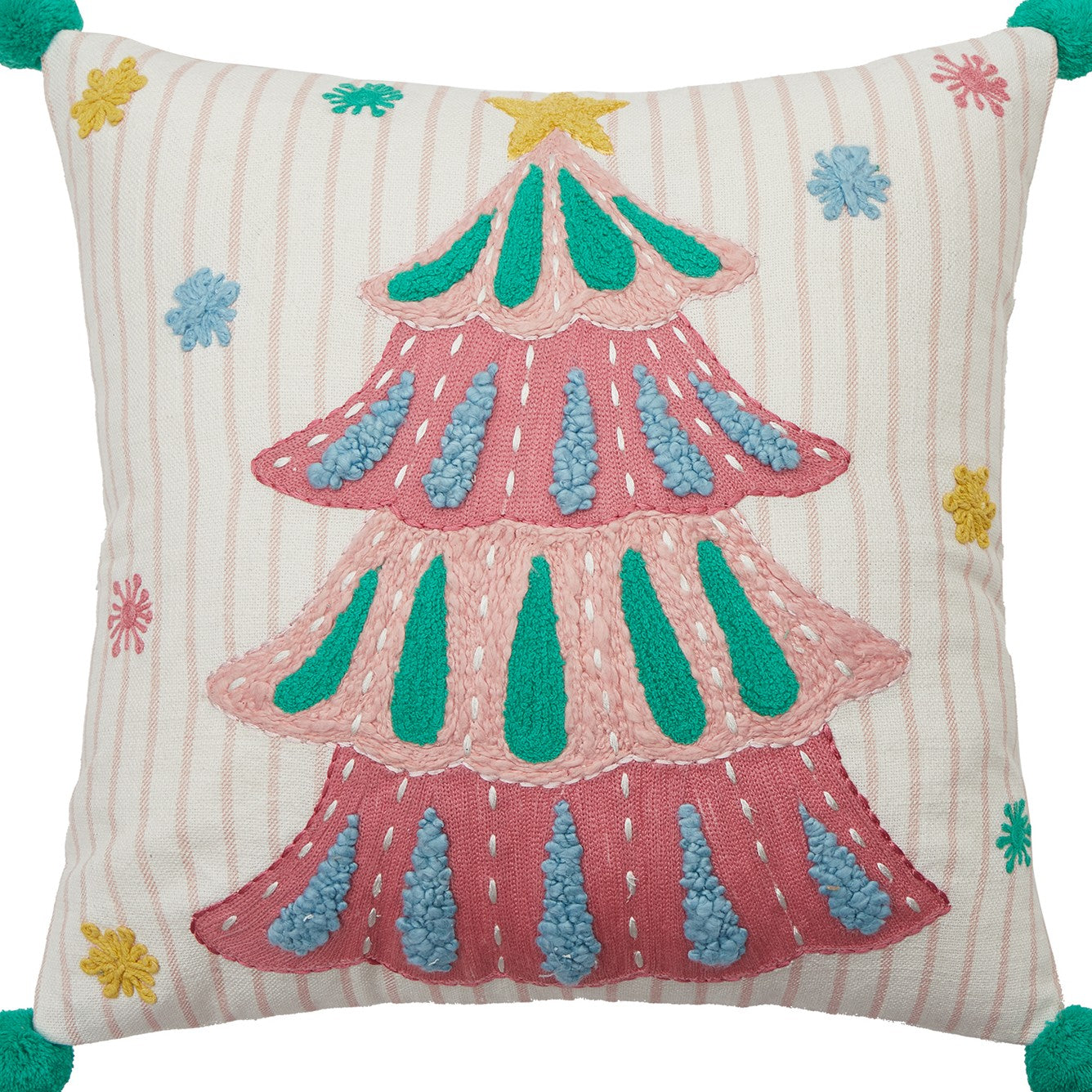 Holiday Bright's Tree with Pom Poms Embroidered Christmas Throw Pillow, close-up detail