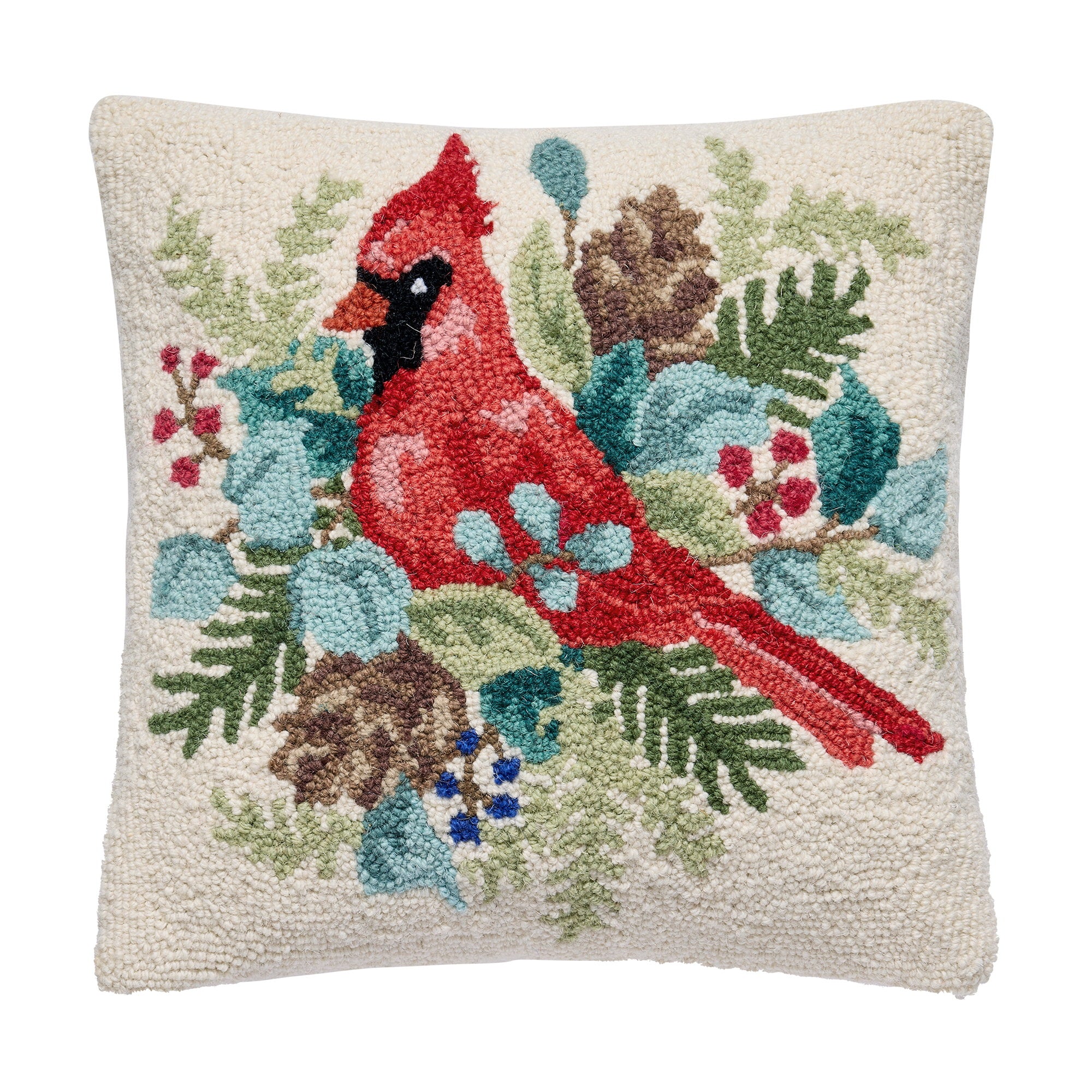 Holiday Cardinal Hooked Wool Throw Pillow, 16x16 inch, front view