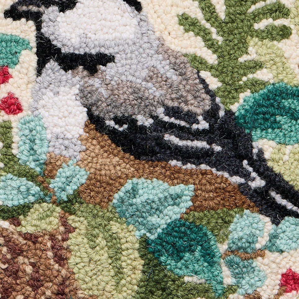 Holiday Chickadee Hooked Wool Throw Pillow, close-up detail
