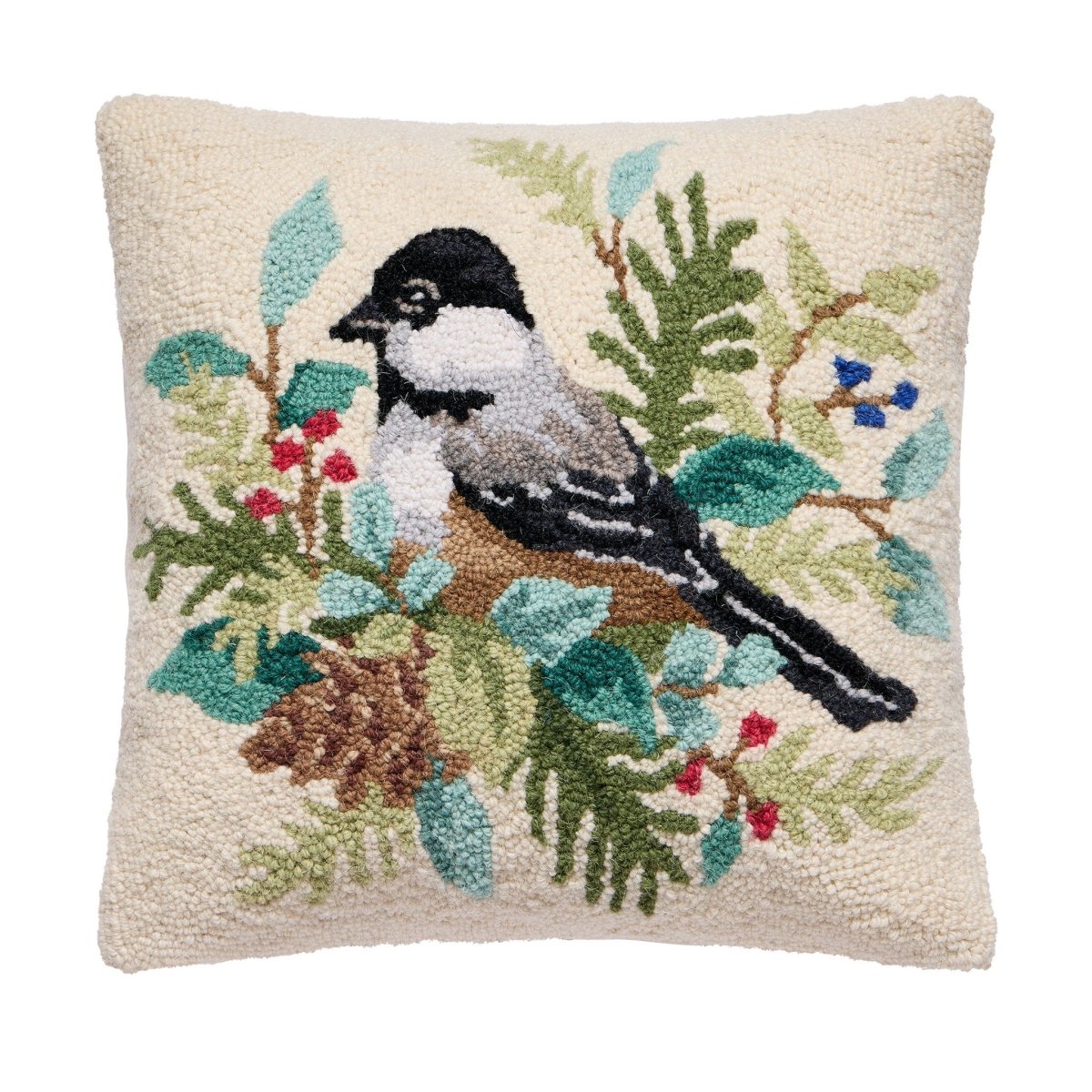 Holiday Chickadee Hooked Wool Throw Pillow, 16x16 inch, front view