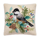 Holiday Chickadee Hooked Wool Throw Pillow, 16x16 inch, front view