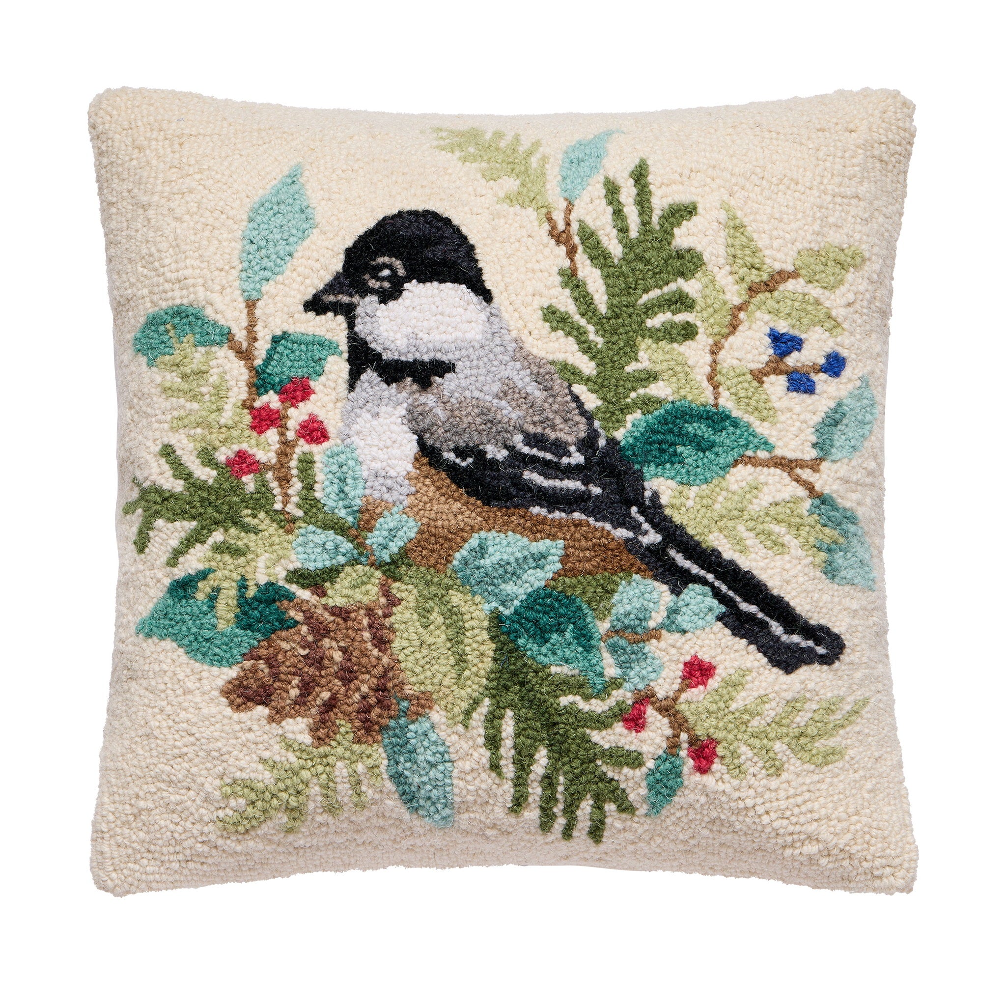 Holiday Chickadee Hooked Wool Throw Pillow, 16x16 inch, front view