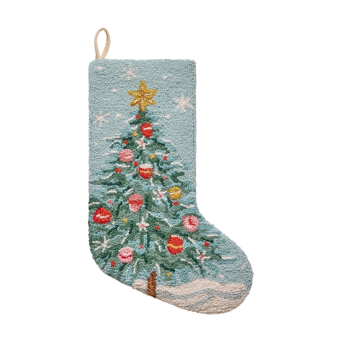 Holiday Christmas Tree Hooked Wool Stocking, 12x20 inch, front view