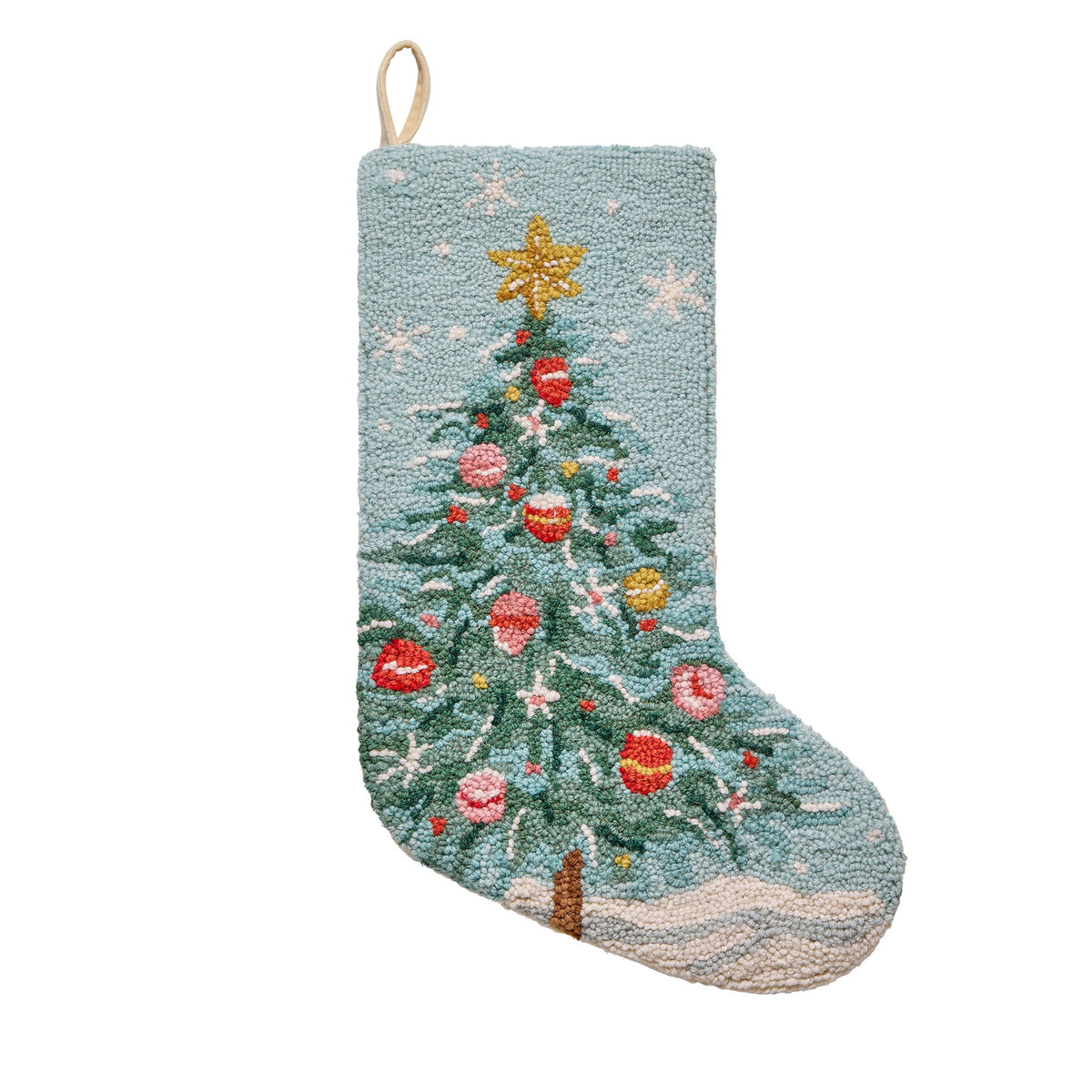 Holiday Christmas Tree Hooked Wool Stocking, 12x20 inch, front view