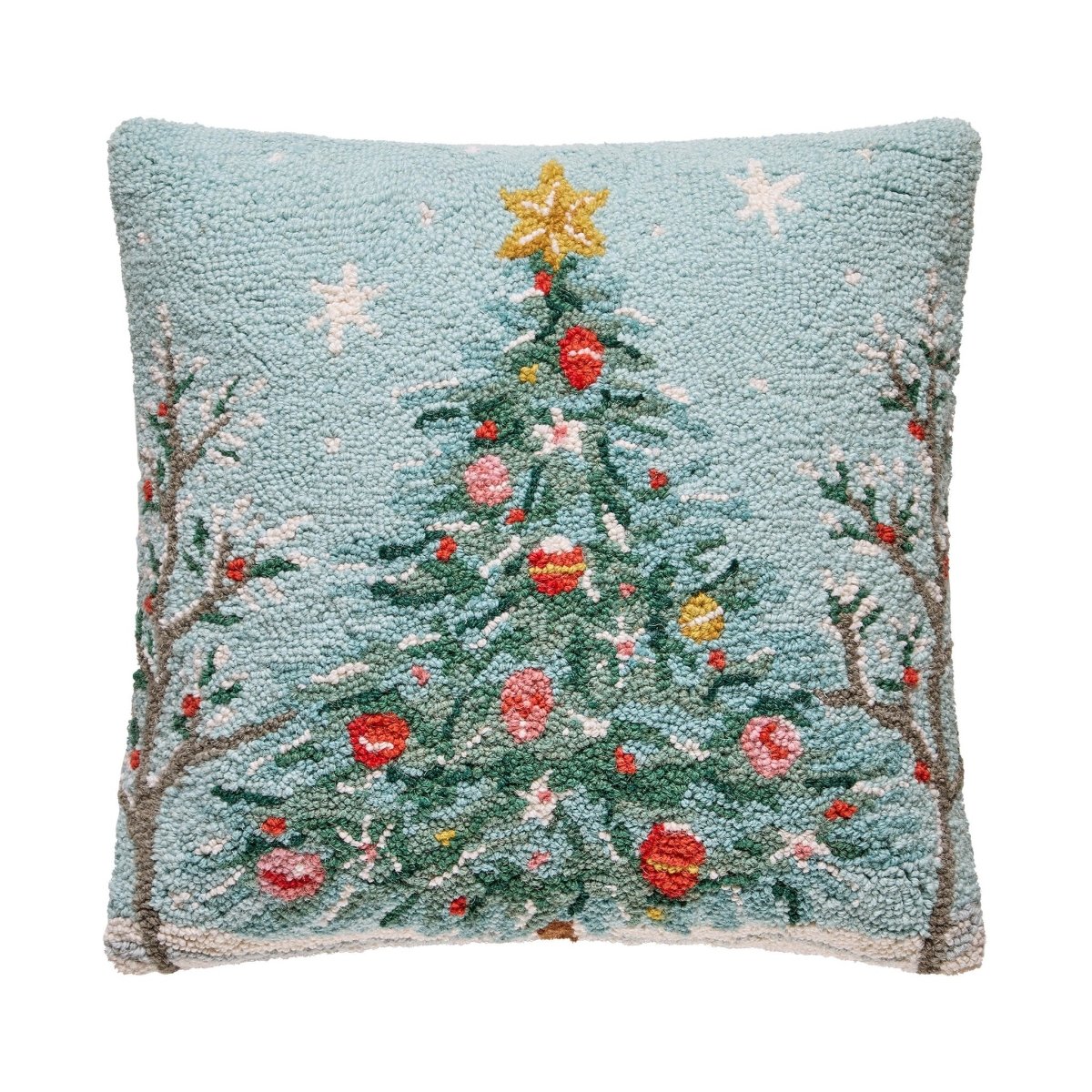 Holiday Christmas Tree Hooked Wool Throw Pillow, 18x18 inch, front view
