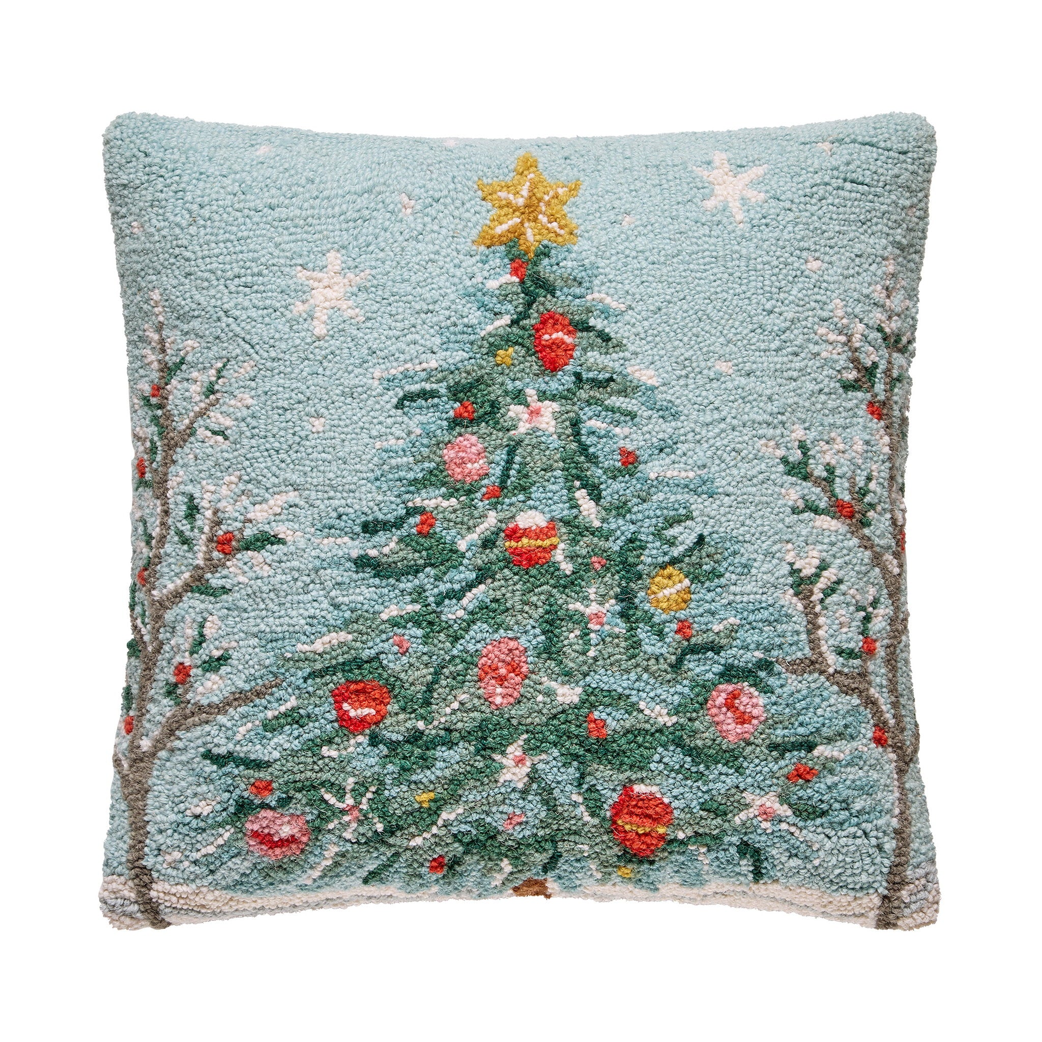 Holiday Christmas Tree Hooked Wool Throw Pillow, 18x18 inch, front view