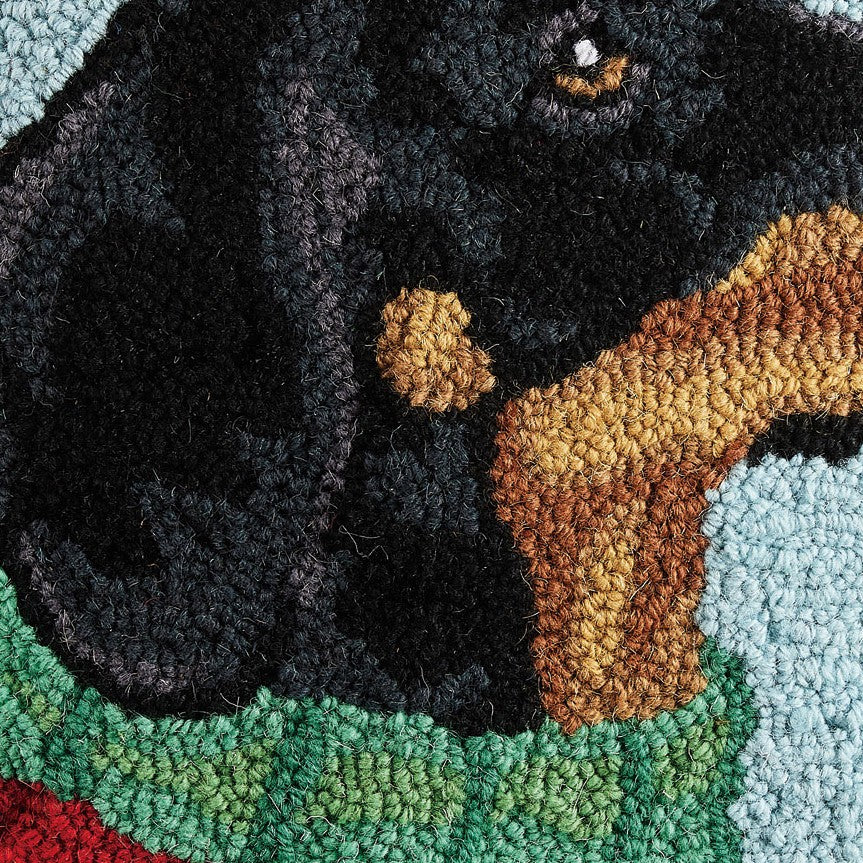 Holiday Dachshund Hooked Wool Christmas Throw Pillow, close-up detail