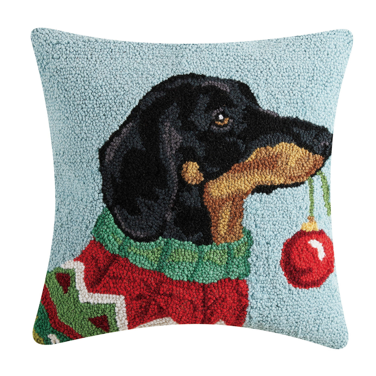 Holiday Dachshund Hooked Wool Christmas Throw Pillow, 18x18 inch, front view