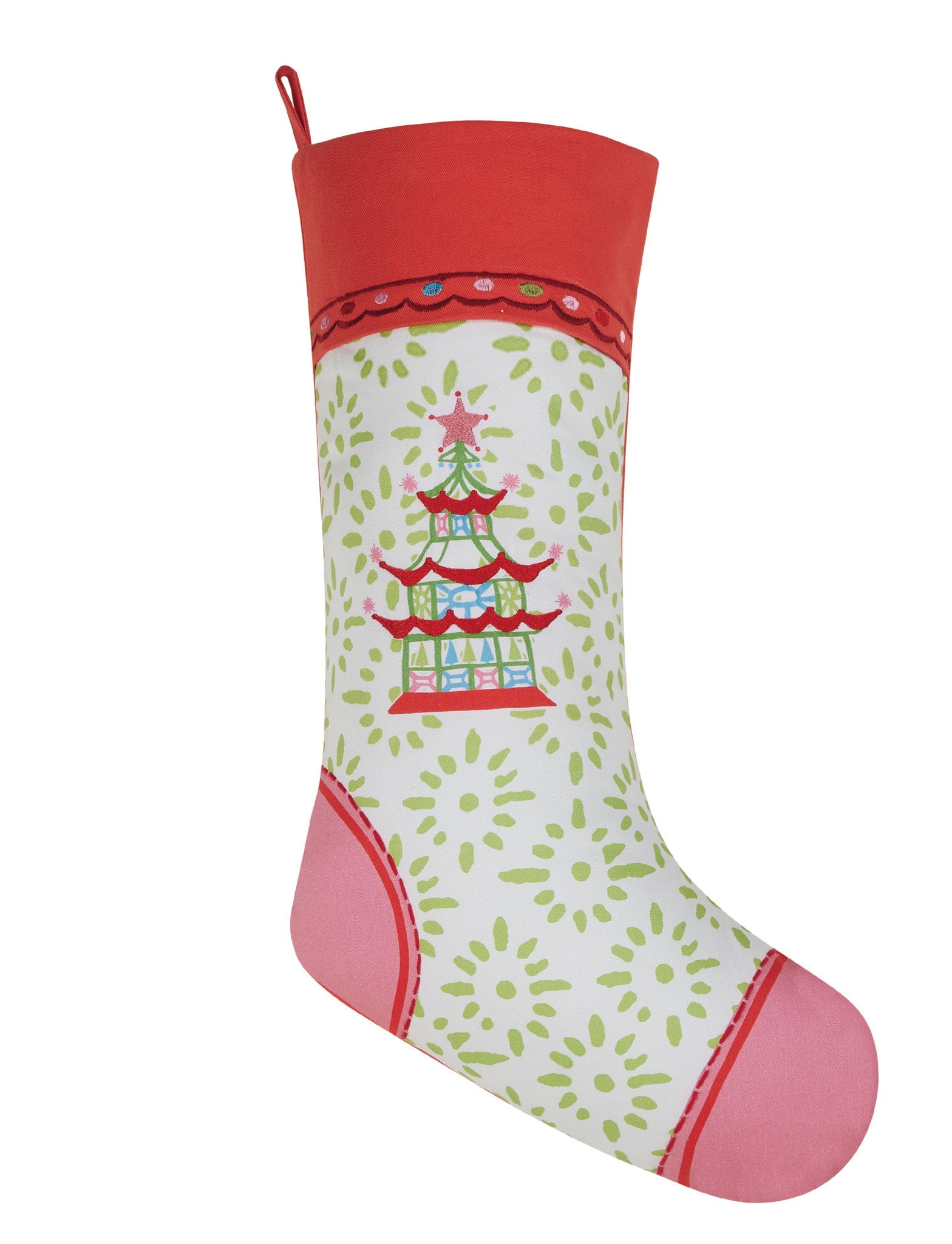 Holiday Follies Embroidered Christmas Stocking, 8x20 inch, front view