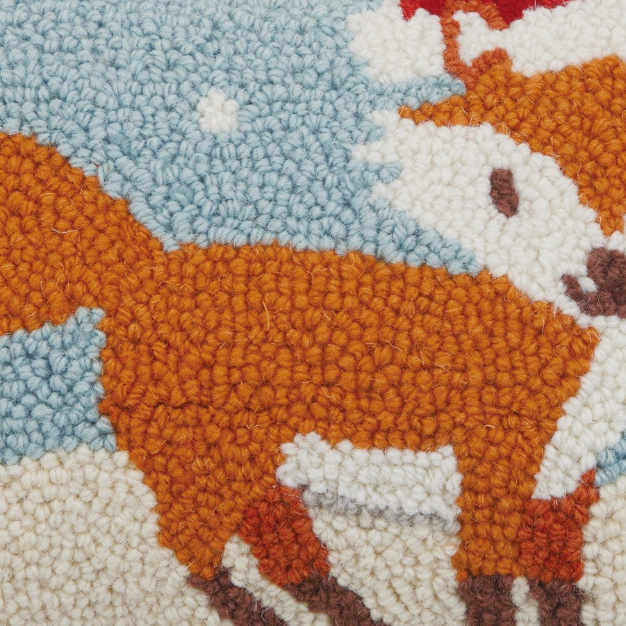 Holiday Fox Hooked Wool Christmas Throw Pillow, close-up detail