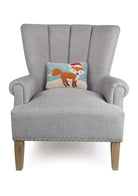 Holiday Fox Hooked Wool Christmas Throw Pillow on an armchair, showing the throw pillow at room scale, 8x12 inch