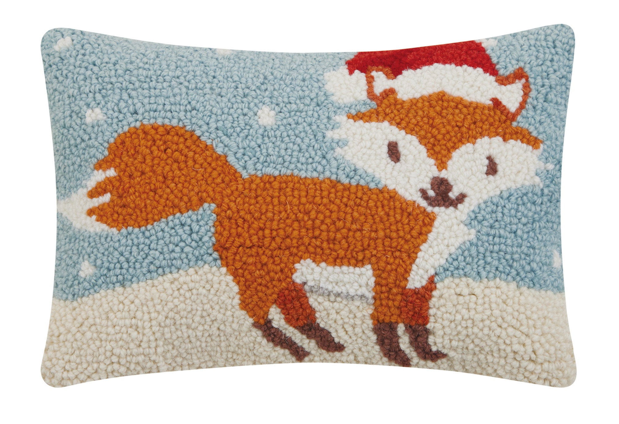 Holiday Fox Hooked Wool Christmas Throw Pillow, 8x12 inch, front view