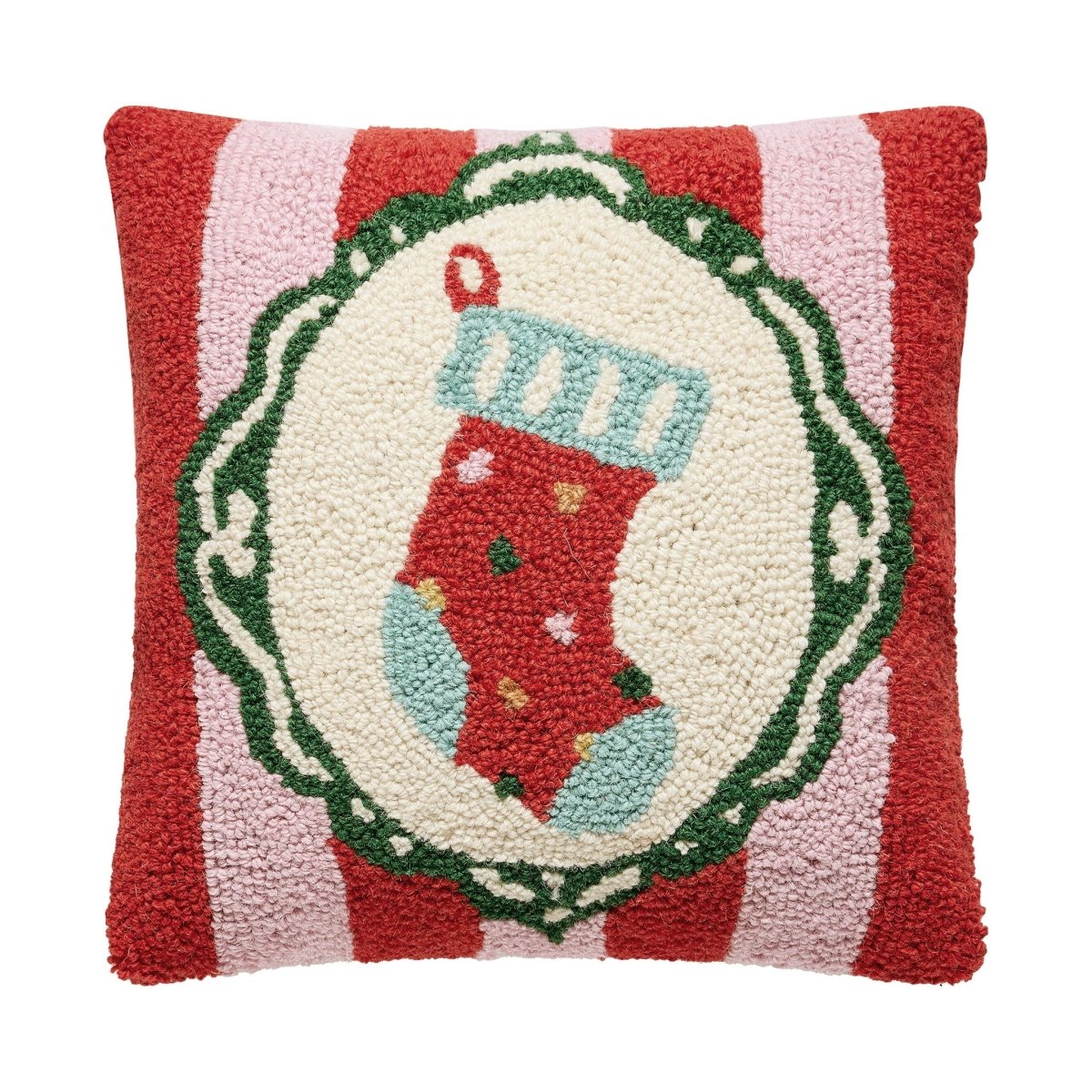 Holiday Frames Hooked Wool Christmas Throw Pillow, 14x14 inch, front view